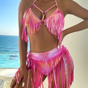 3 piece fringe pink bikini set